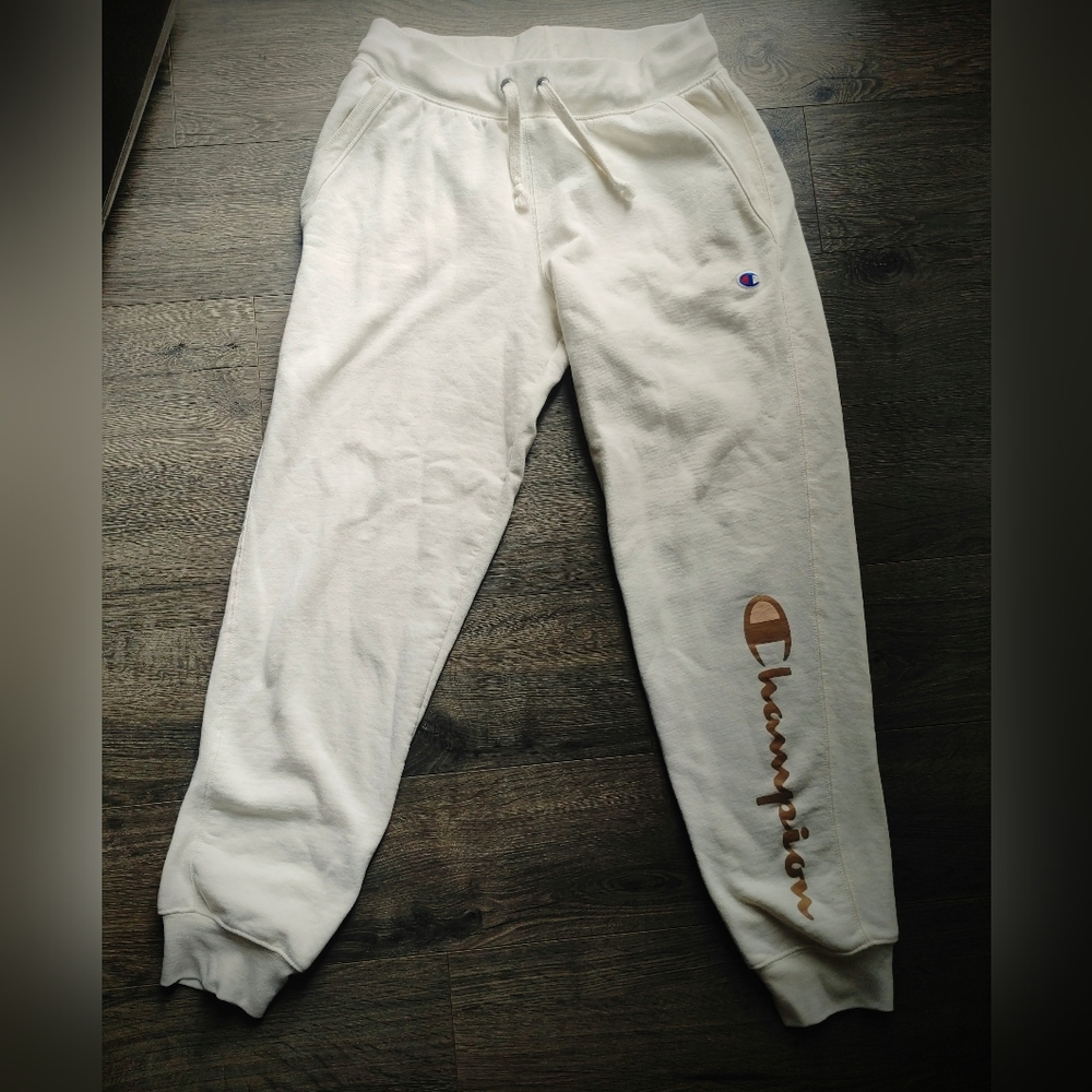 Champion WMS Ivory Scripted Jogger Sweatpants with Gold Leg Logo Size M